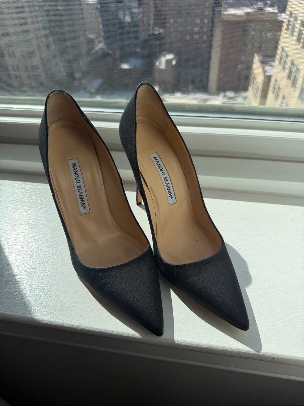 Manolo Blahnik Black Satin Pointed Toe Pumps